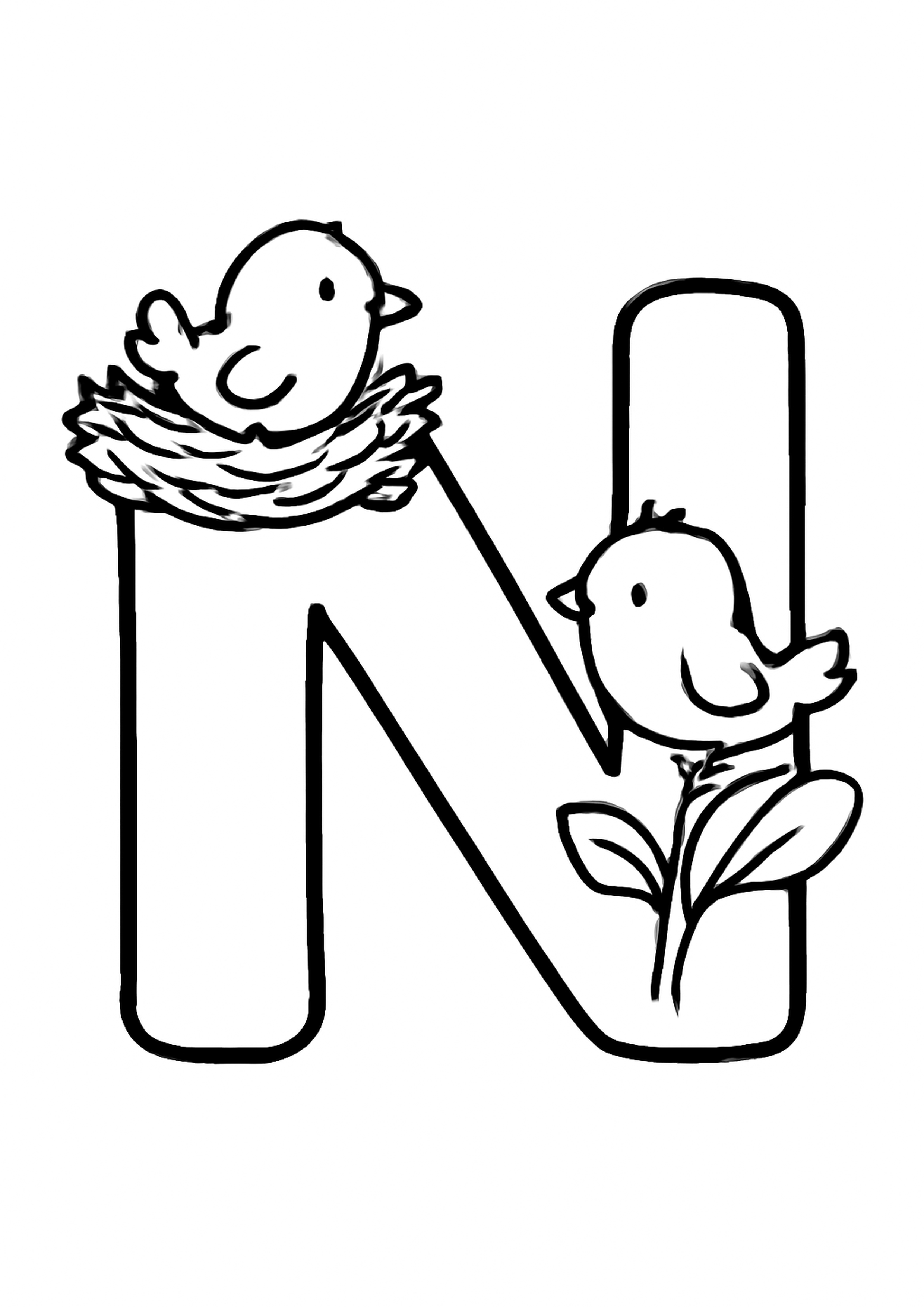 Coloriage la lettre n a imprimer, dessin au trait simple pour enfants