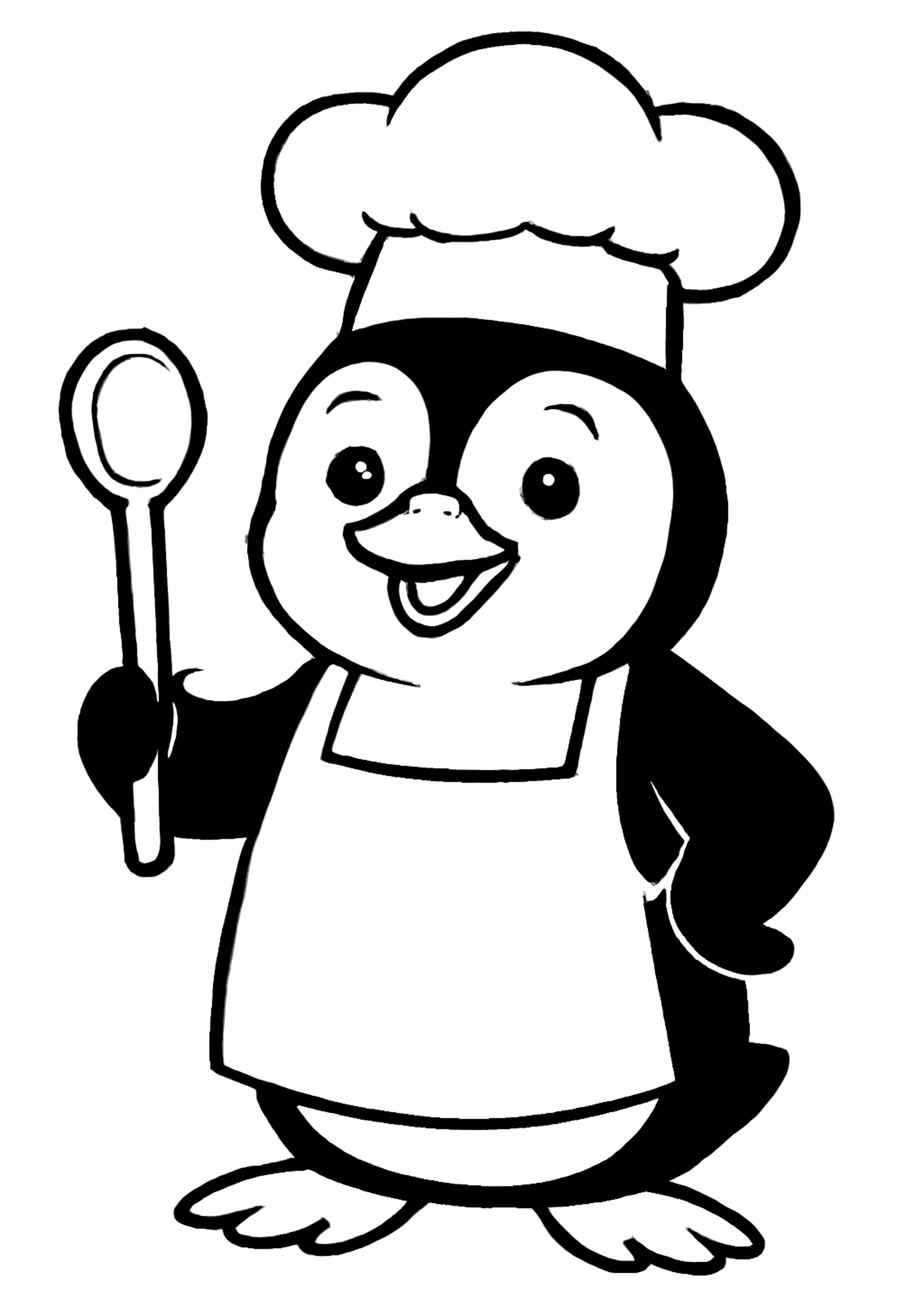 Coloriage pingouin cuisinier a imprimer, dessin au trait simple pour enfants