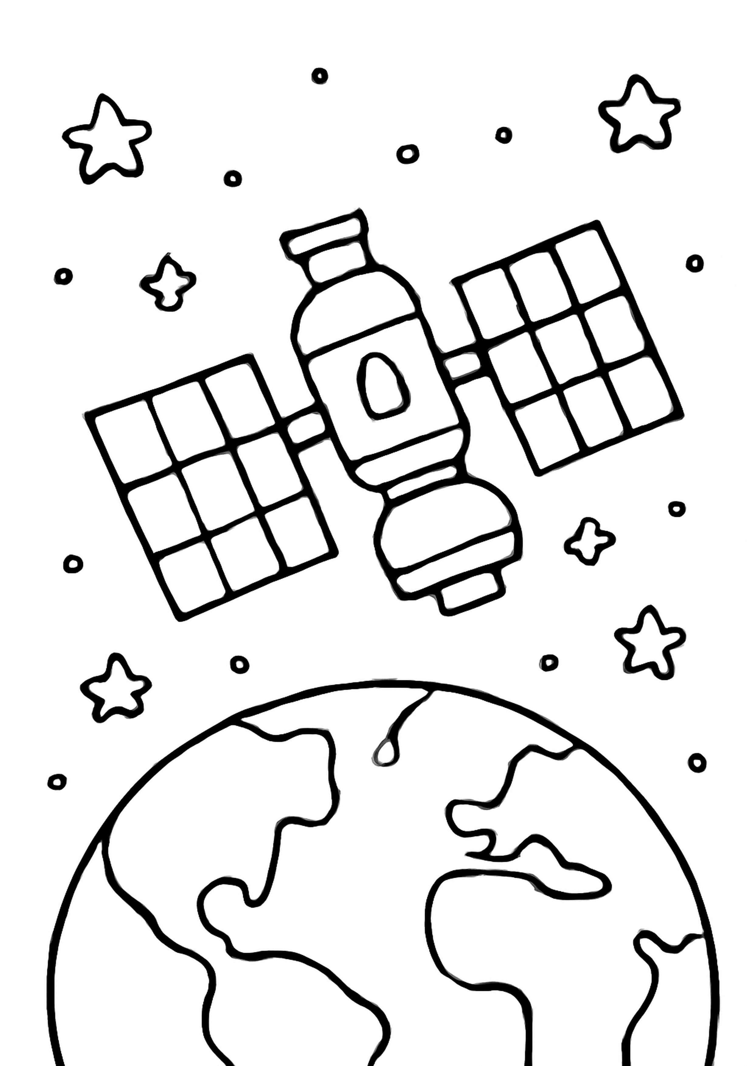 Coloriage station spatiale a imprimer, dessin au trait simple pour enfants