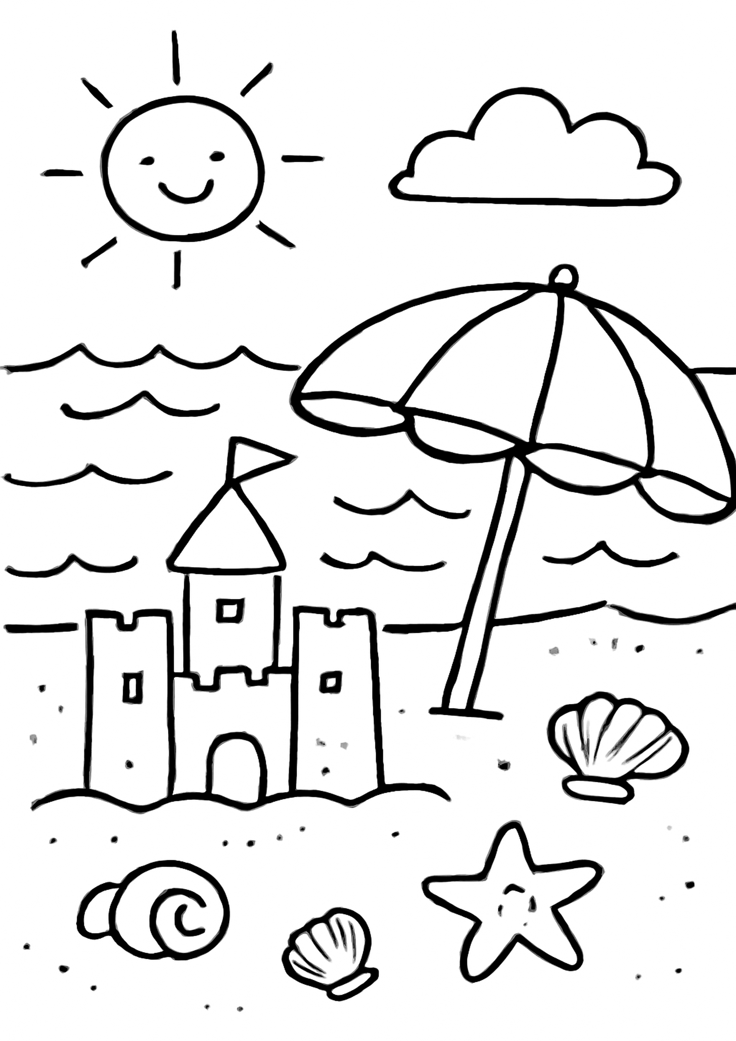 Coloriage plage ensoleilee a imprimer, dessin au trait simple pour enfants