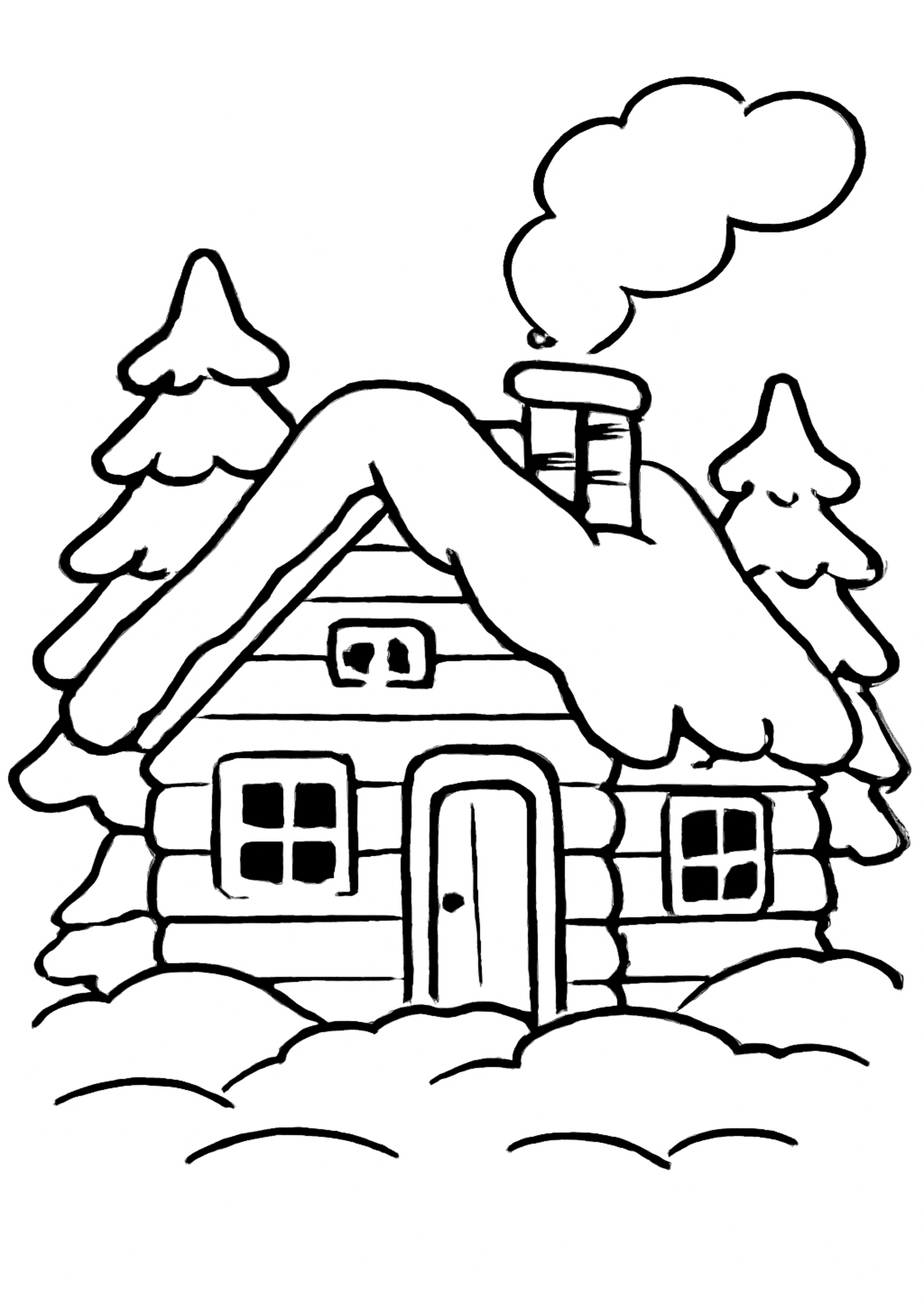 Coloriage chalet enneige a imprimer, dessin au trait simple pour enfants