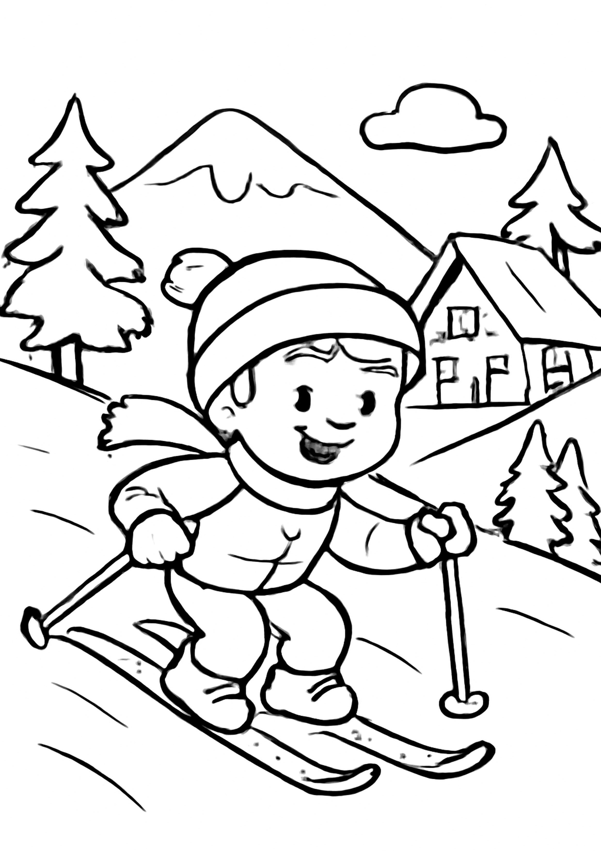 Coloriage ski en montagne a imprimer, dessin au trait simple pour enfants