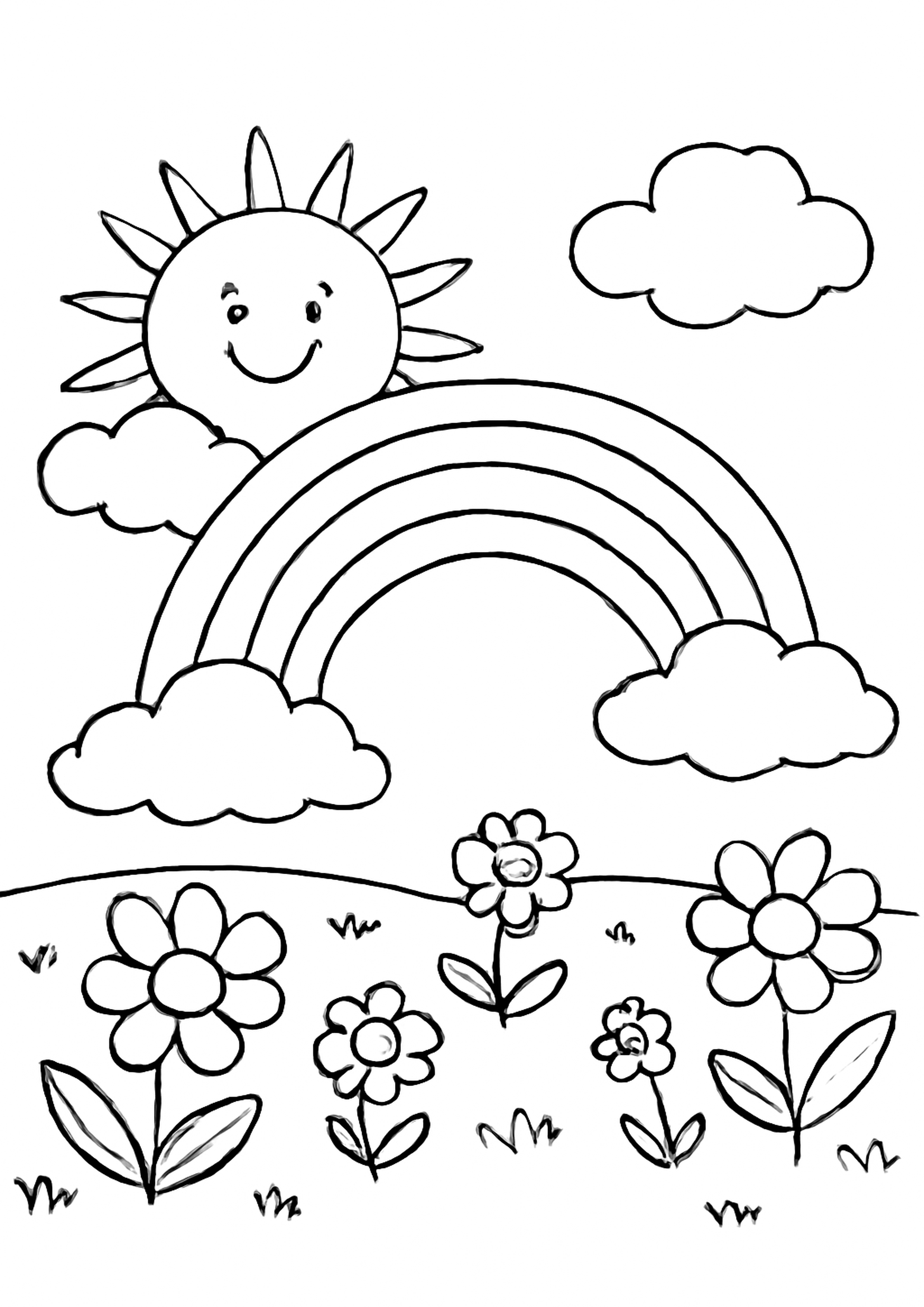 Coloriage arc-en-ciel printanier a imprimer, dessin au trait simple pour enfants