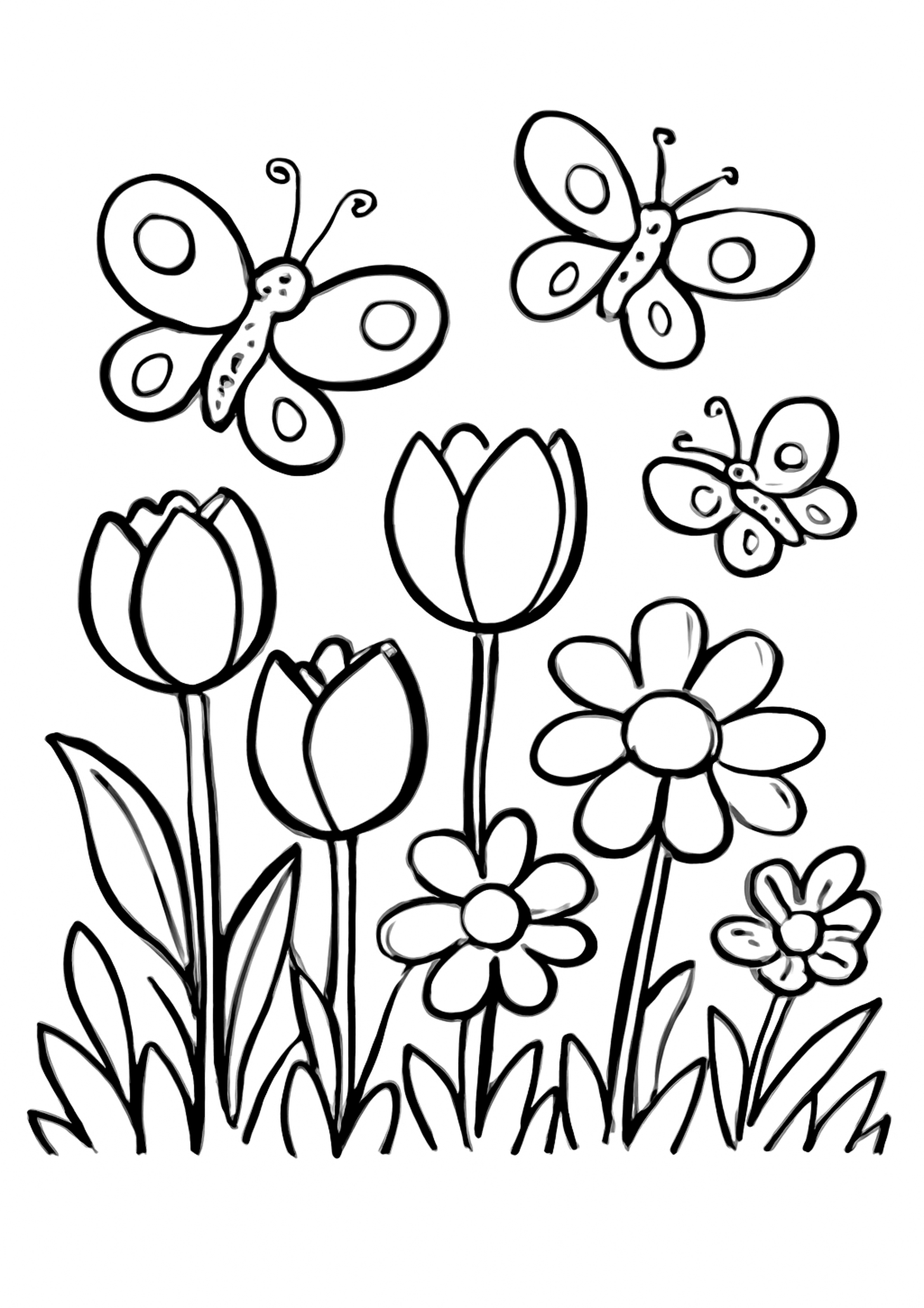 Coloriage fleurs de printemps a imprimer, dessin au trait simple pour enfants