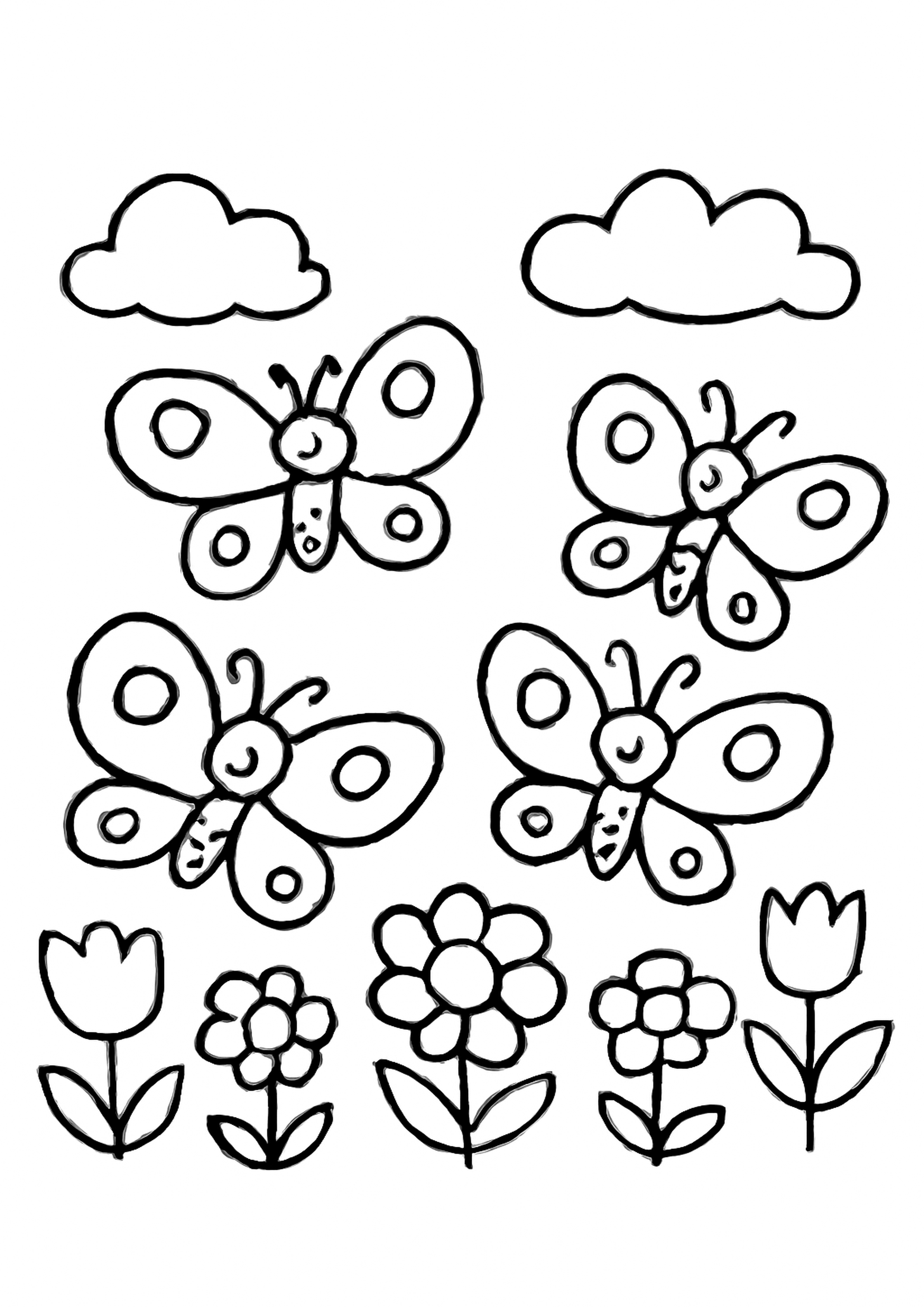 Coloriage papillons de printemps a imprimer, dessin au trait simple pour enfants