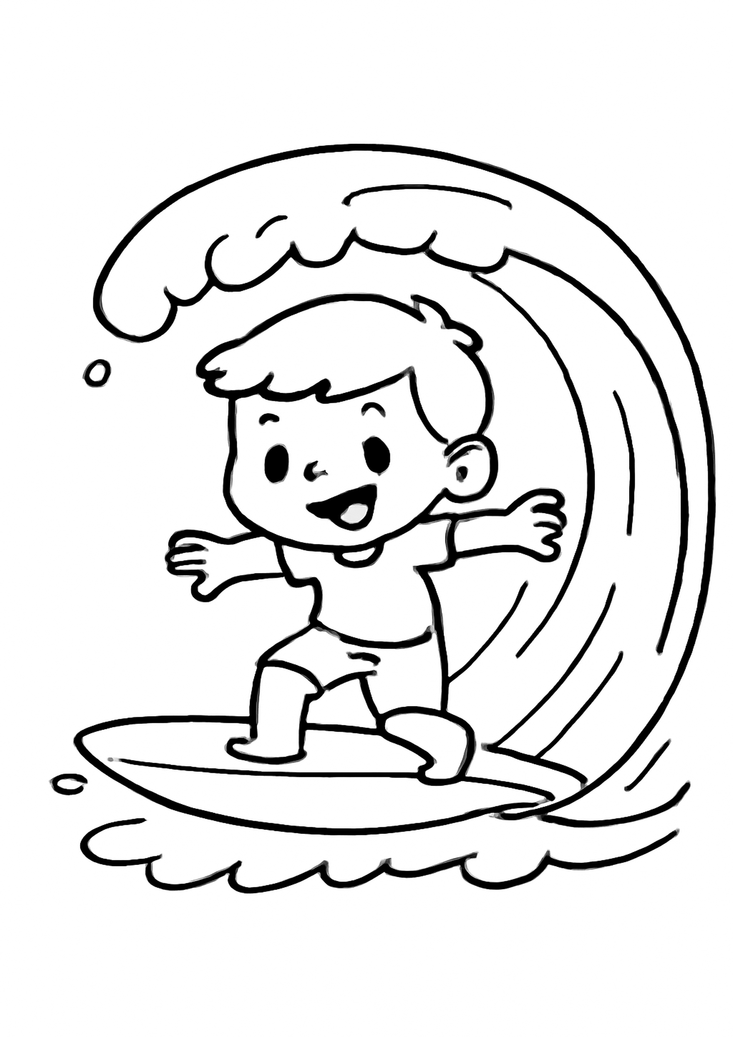 Coloriage surfeur des vagues a imprimer, dessin au trait simple pour enfants