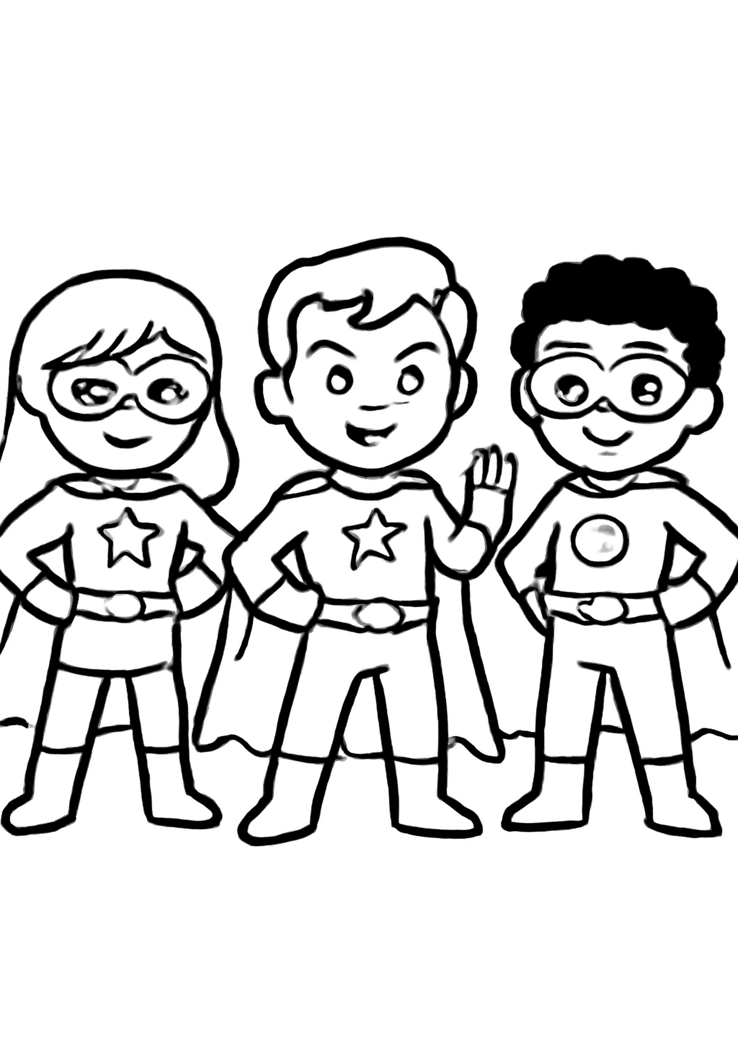 Coloriage team de super-heros a imprimer, dessin au trait simple pour enfants